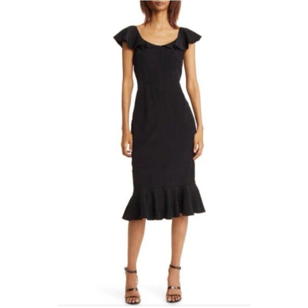 Chelsea28 Black Midi Dress M Medium Off Shoulder Ruffled Washable